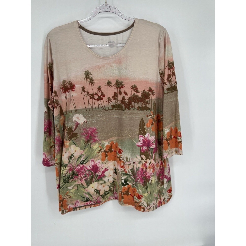 Alia Shirt Blouse Womens Size XL Pink Multicolor Beach Scene 3/4 Sleeve Tropical